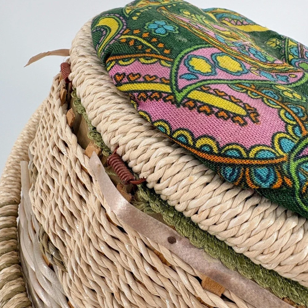 Vintage 1960s Sewing Woven Basket Green Pink  Paisley Fabric Handle Tray Japan